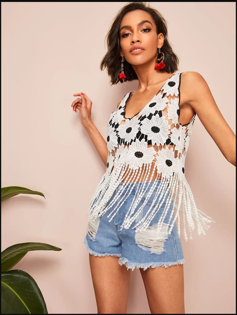 New Womens Hollow Spelling Floral V-Neck Blouses Female Summer Casual Loose Tassel Fashion Short Top Blouse