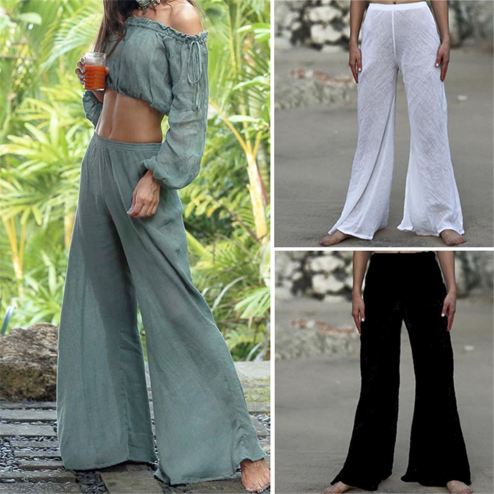 Womens Casual Harem Pants Ladies Summer Beach Loose Baggy Wide Leg Long Loose Trousers See Through Swimwear