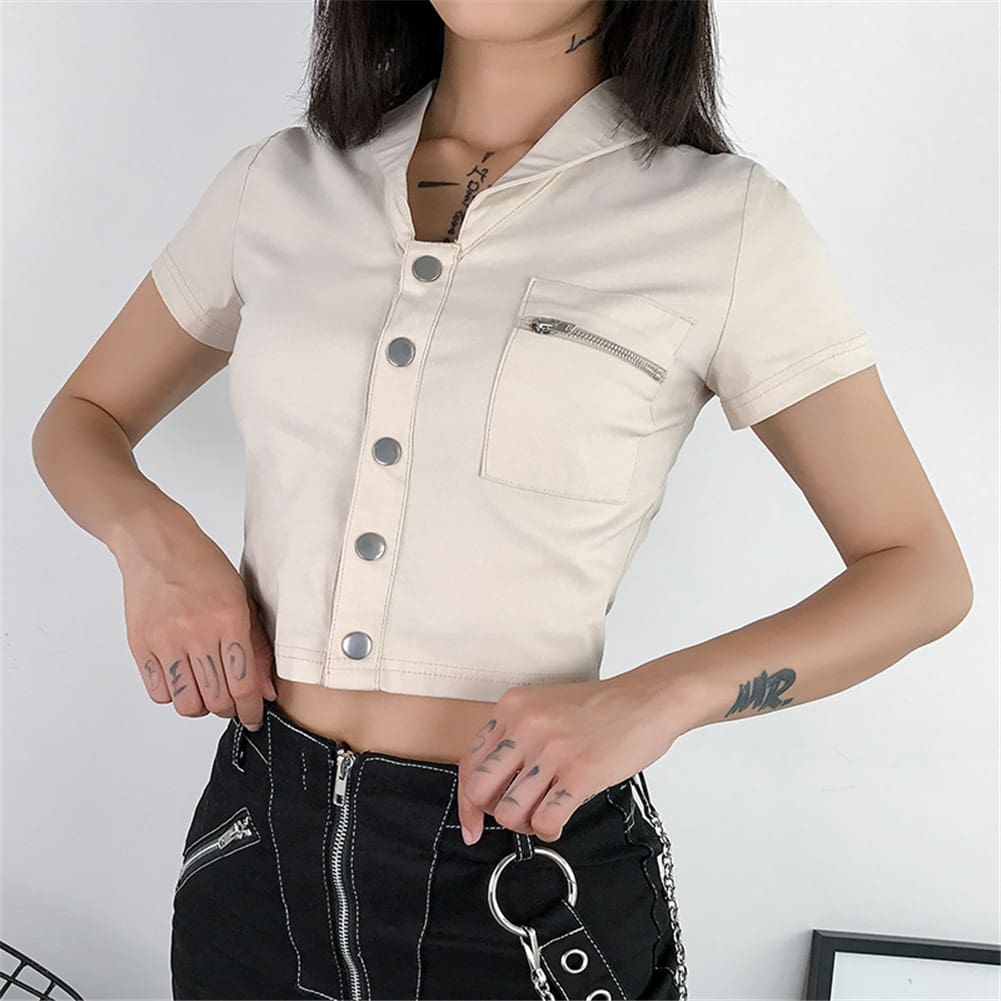 Casual Tank Tops Vest Blouse Short Sleeve Solid Button Short Crop Shirt