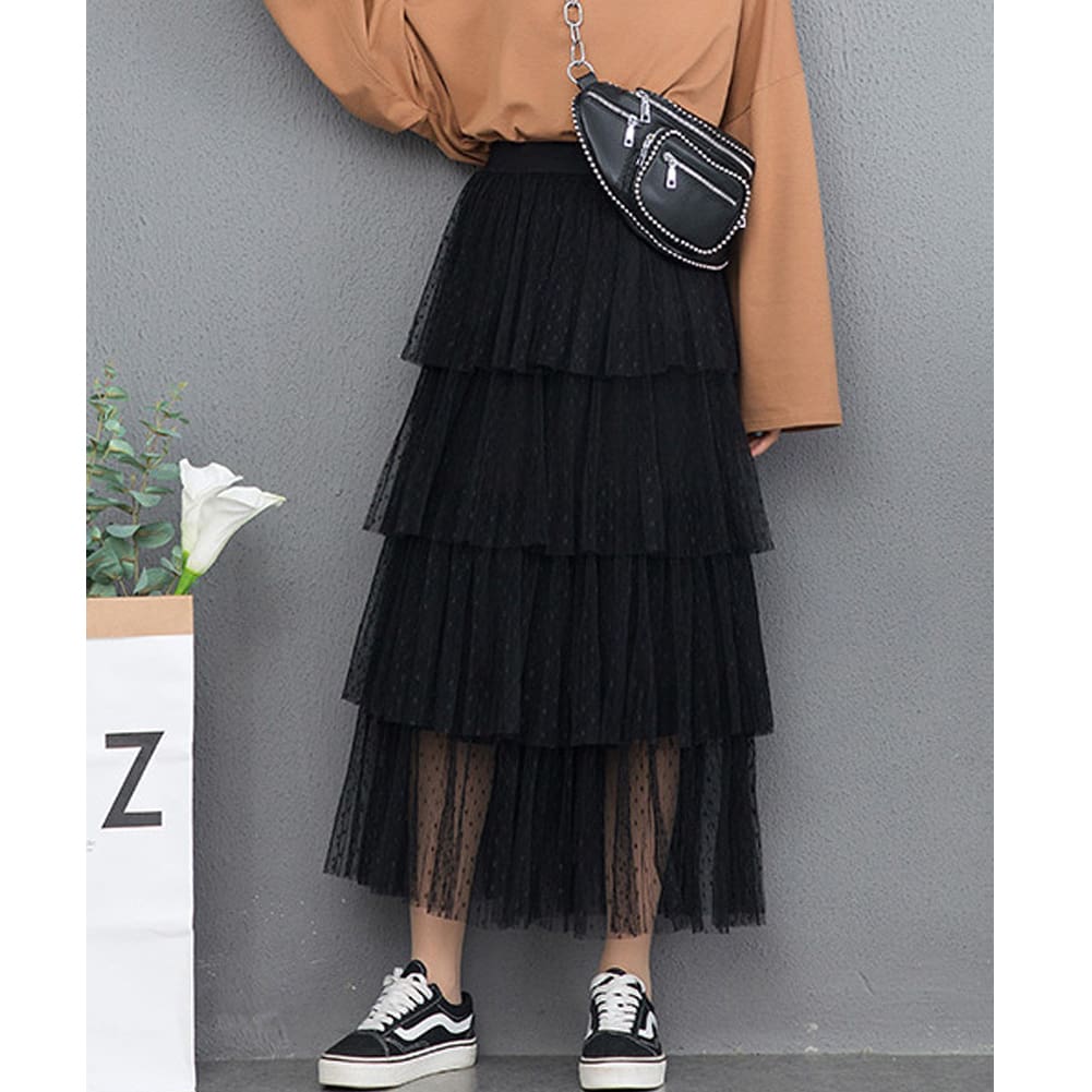 New Fashion Summer Women Dot Lace Tiered High Waist Beach Long Skirt Sundress Cake Tulle Skirt Party Ball Gown