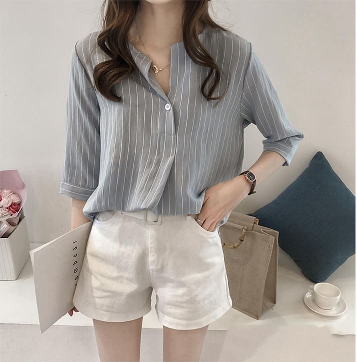 Fashion Women Summer Stripe Long Sleeve Shirt OL Ladies Loose Button Casual Blouse Tops Plus Size Women Clothes