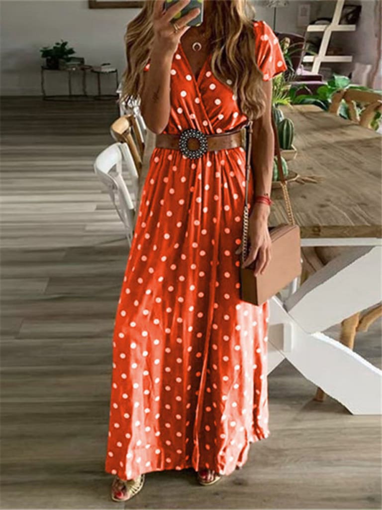 Boho Women Summer Maxi Long Dress Fashion Ladies Short Sleeve V-neck Beach Evening Party Polka Dot Sundress