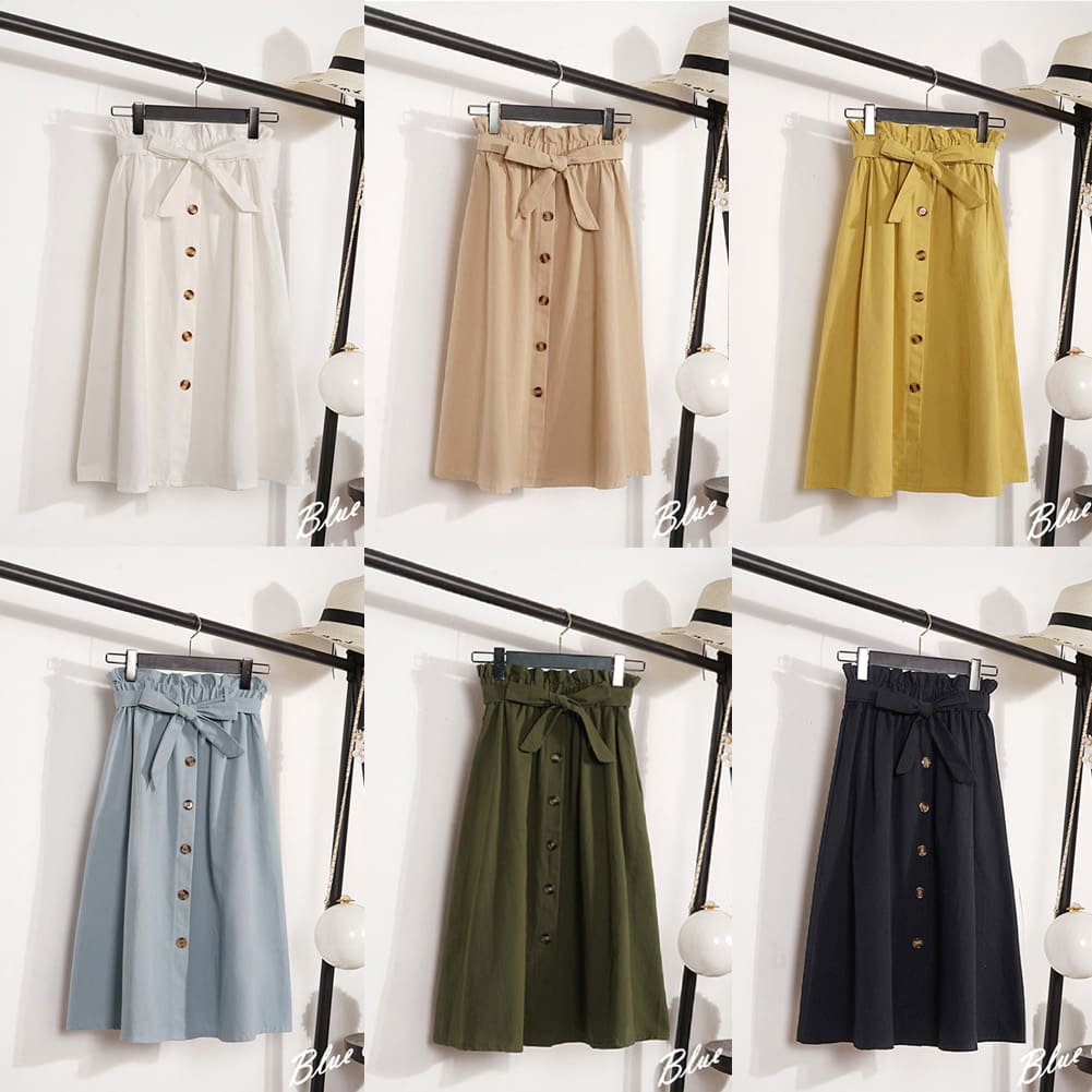 Fashion A-Line Skirt Women Casual Elastic High Waist Loose Summer OL Ladies Pocket Button Midi Long Skirt