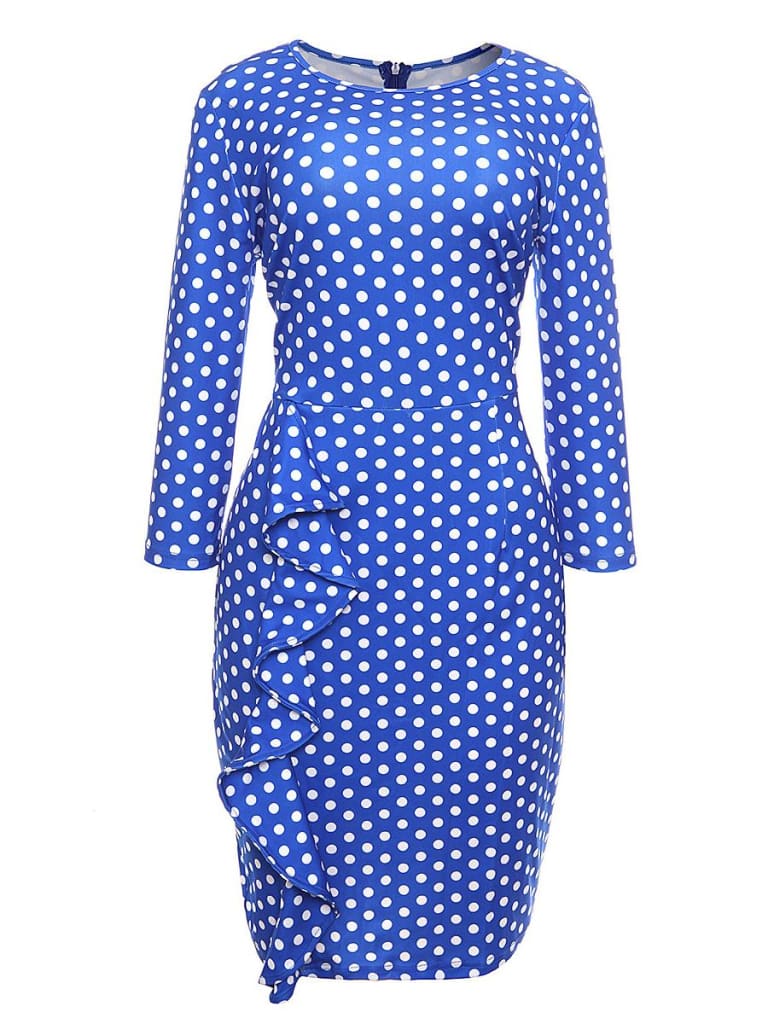 Elegant Women Ladies Sexy Long Sleeve Polka Dots Ruffle Bodycon Slim O-Neck Casual Party Long Pencil Dress