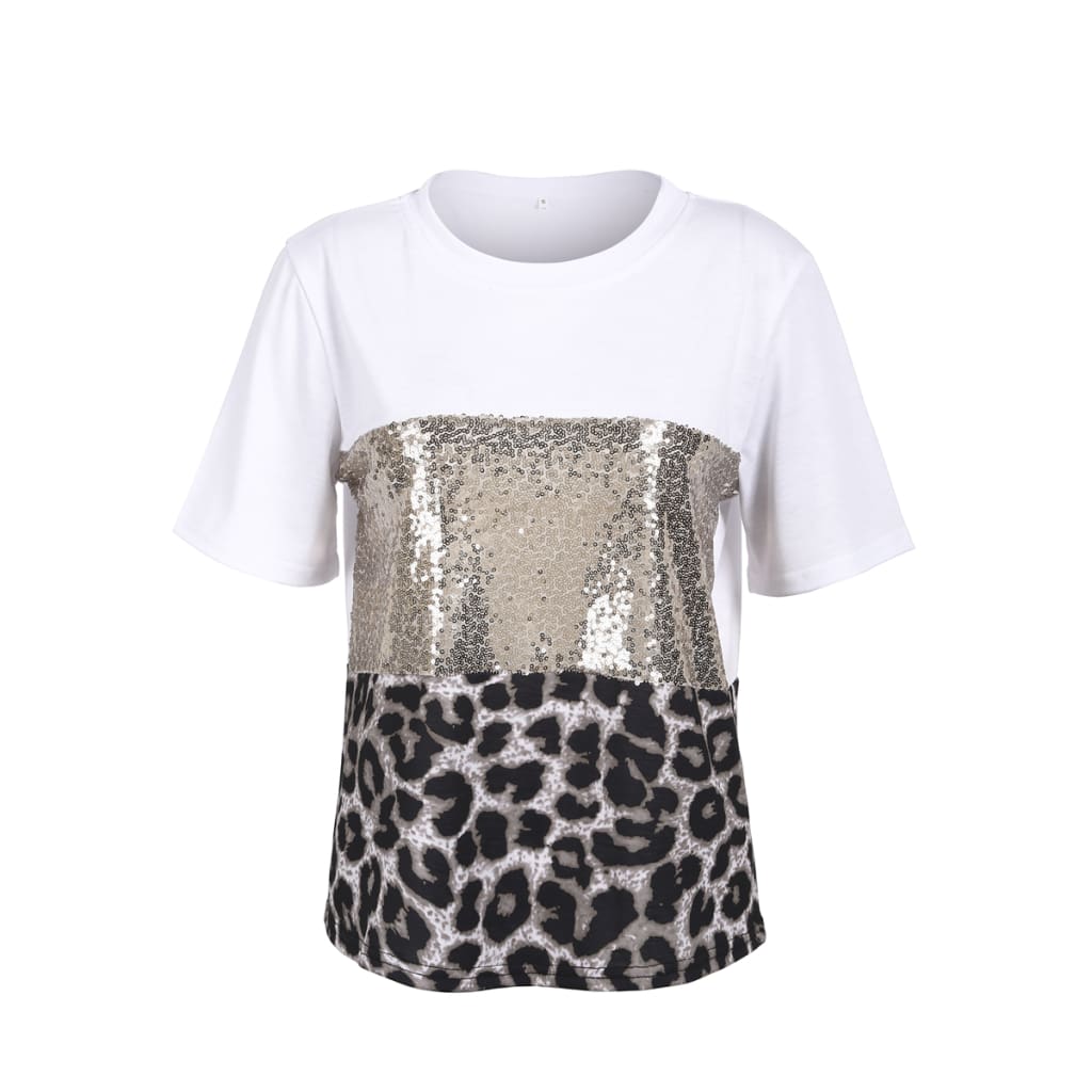 Fashion Women Girls Short Sleeve Paillette Summer Casual Shirt Holiday Leopard Soft Tops T-Shirt New