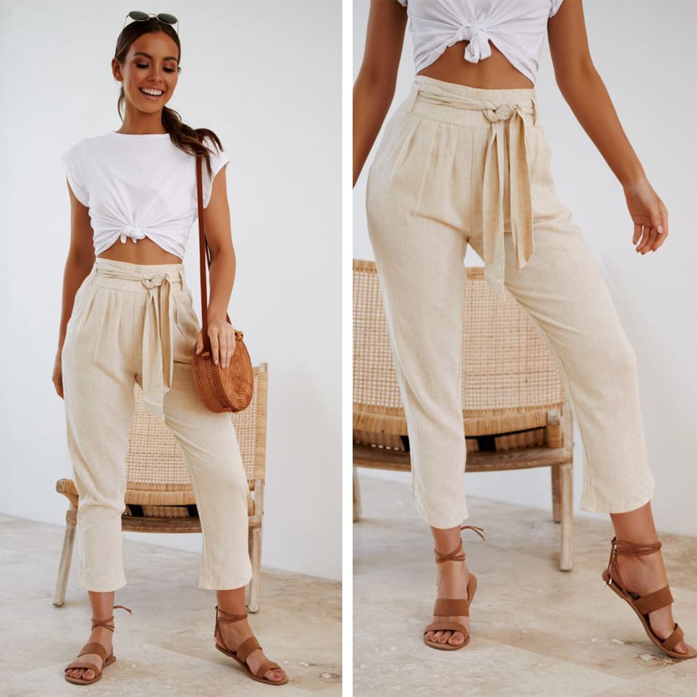 Ladies Women Plain Trouser Casual Summer Holiday Pants 2019 New Fashion Women Tie Up High Waist Slim Bottoms