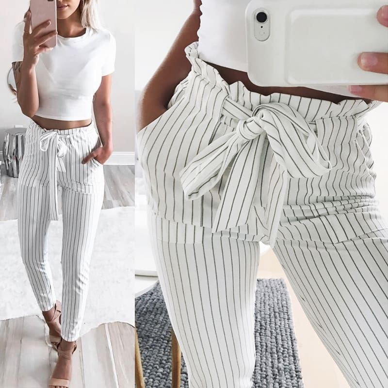 2019 New Elastic High Waist Striped Harem Pants Women Stringy Casual Slim Fit Long Pants Skinny Female Trousers Hot Sale