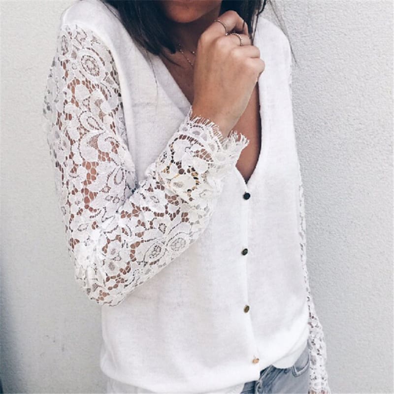 Women Blouses V Neck Blouse Floral Lace Long Sleeve Blouse Female Shirts Women Tops Blouses Black White Ladies Clothes