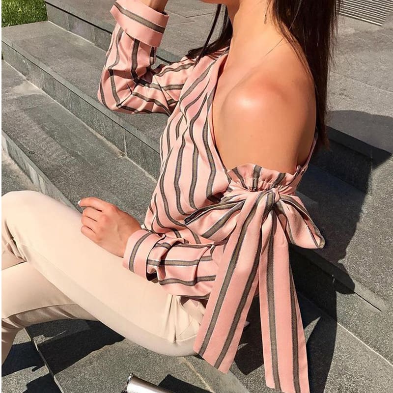 Summer Women New Striped Loose Blouse Fashion Ladies Off Shoulder Lace Up Shirts Female Elegant Tops Blouses