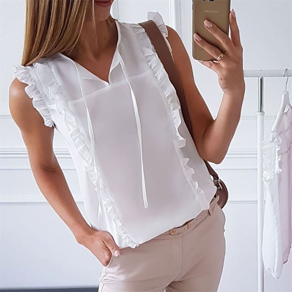 Women Office Ruffle Shirt Tank Top Summer Sleeveless V Neck OL Ladies Loose Blouse Tunic Tops Summer Clothing