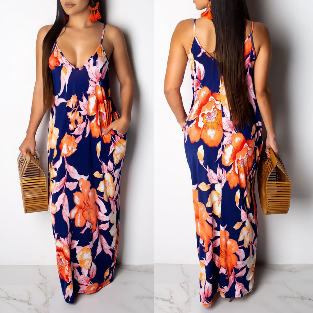 Fashion Womens Maxi Long Boho Dress Hot V Neck Sleeveless New Floral Summer Beach Cocktail Party Loose Sundress