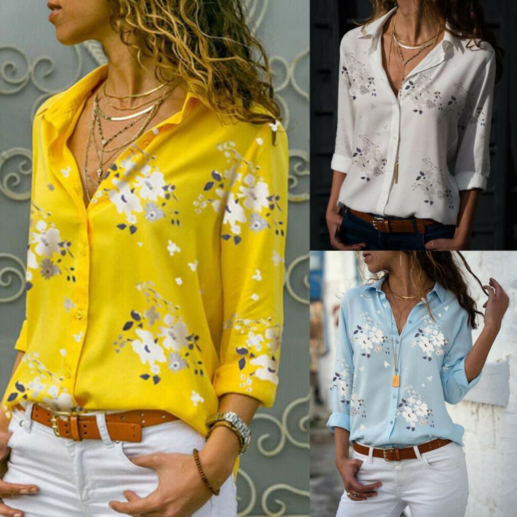 Plus Size Womens Summer Floral Long Sleeve Button V-Neck Shirts Ladies Casual Loose Office Work Blouse Tops