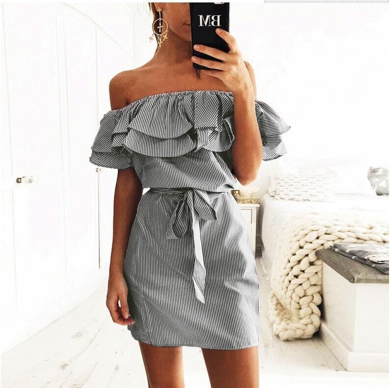 Cloth Striped Sashes Summer Dress Ruffle Collar Bandage Casual Dresses