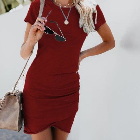 Women Summer Mini Dress Short Sleeve Solid Bodycon Slim Dress