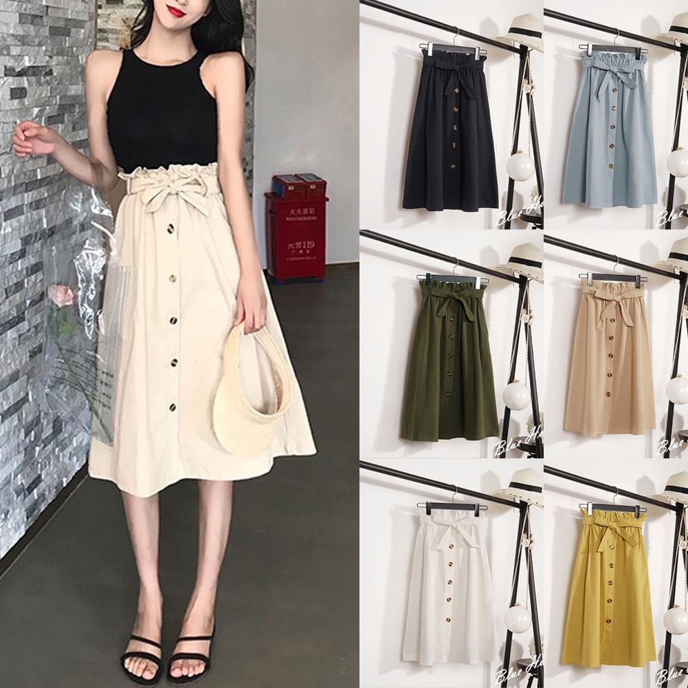 Fashion A-Line Skirt Women Casual Elastic High Waist Loose Summer OL Ladies Pocket Button Midi Long Skirt