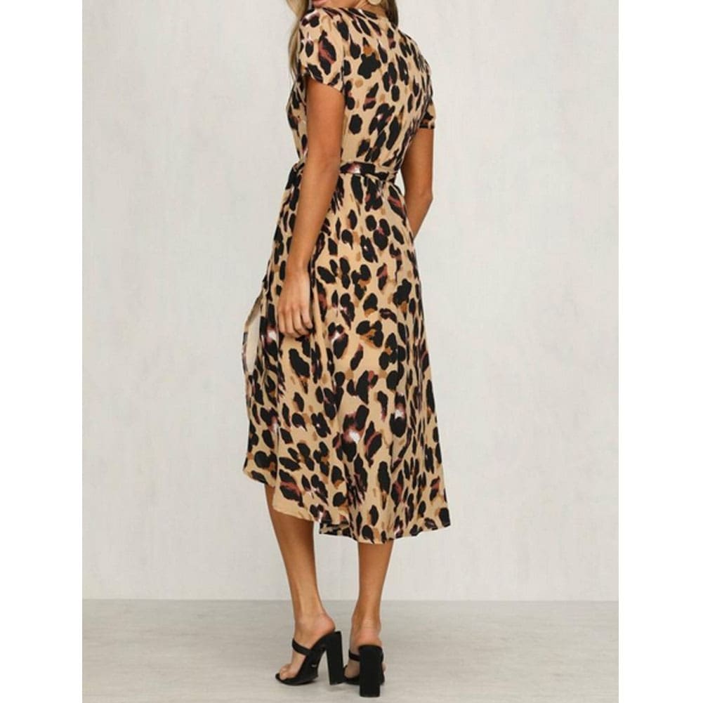 High Waist Womens Fashion Summer Leopard Printed Dress Beach Holiday New Casual Loose Short Sleeve V-Neck Dress