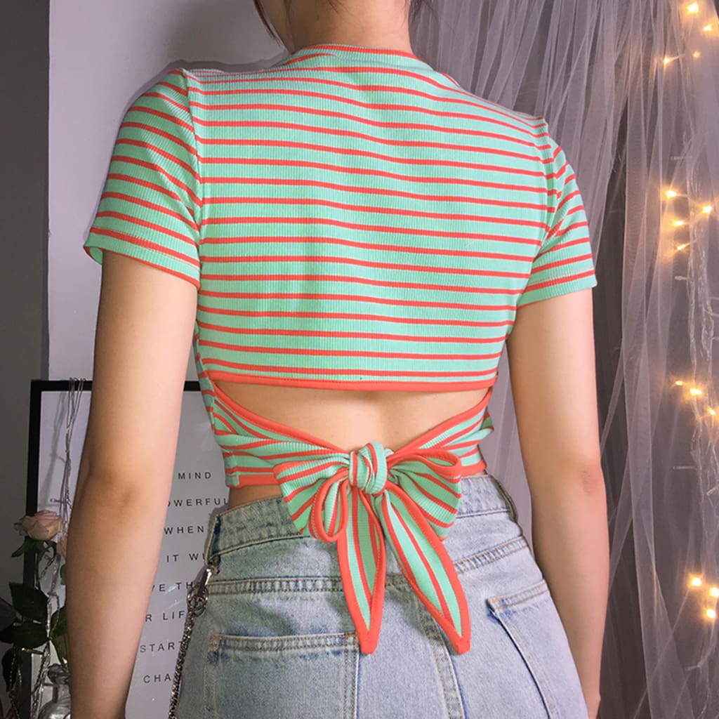 2019 Fashion Women Striped Crop Top Short Sleeve T Shirt Summer Holiday Slim Casual Tops New Ladies Clothes