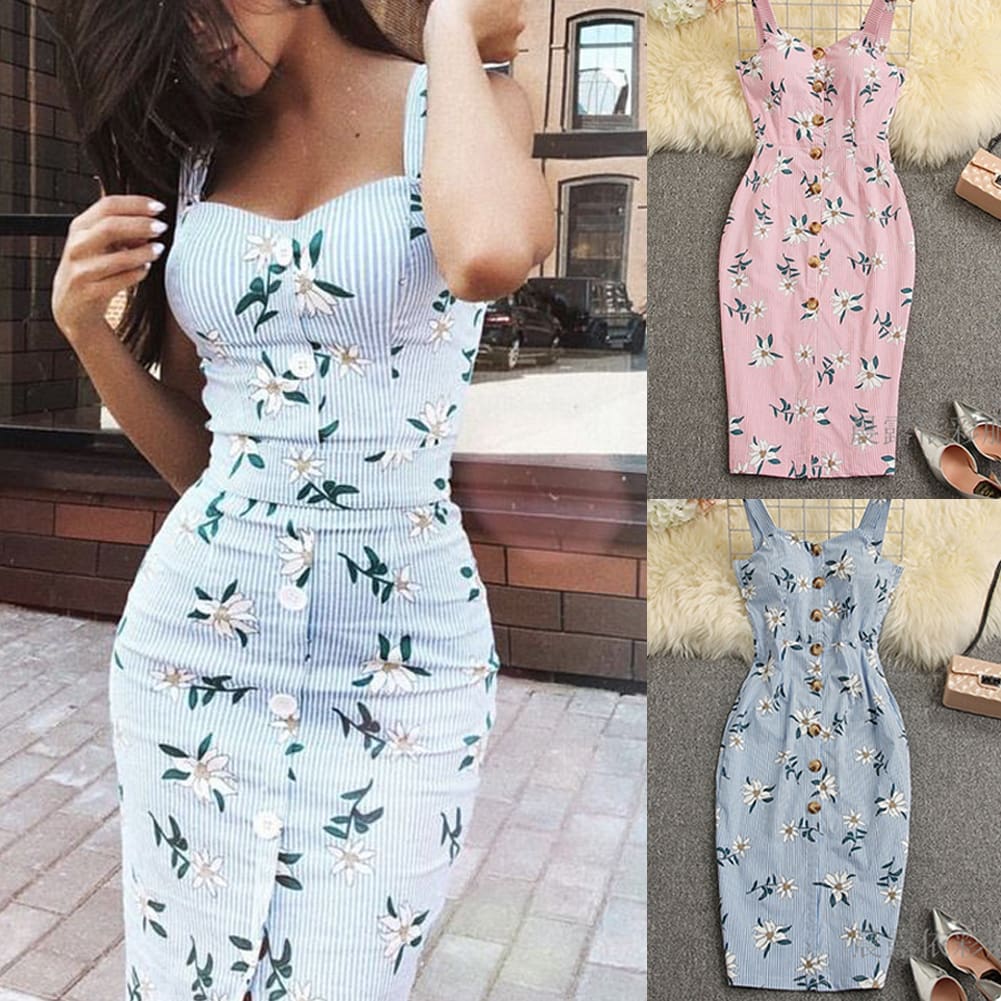 Summer Strappy Floral Bodycon Dress Women Pencil Dresses