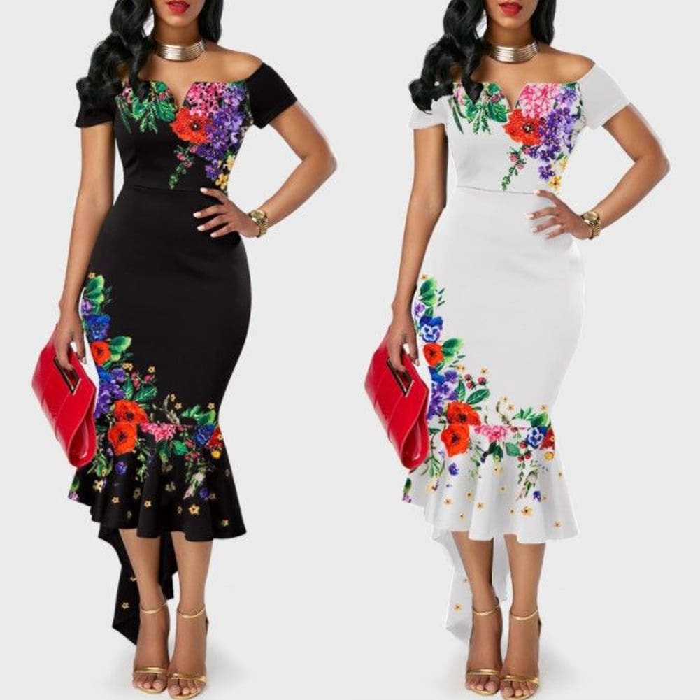 Womens Boho Long Maxi Dress Beach Summer Party Elegant Ladies Off Shoulder Floral Bodycon Fishtail Dresses