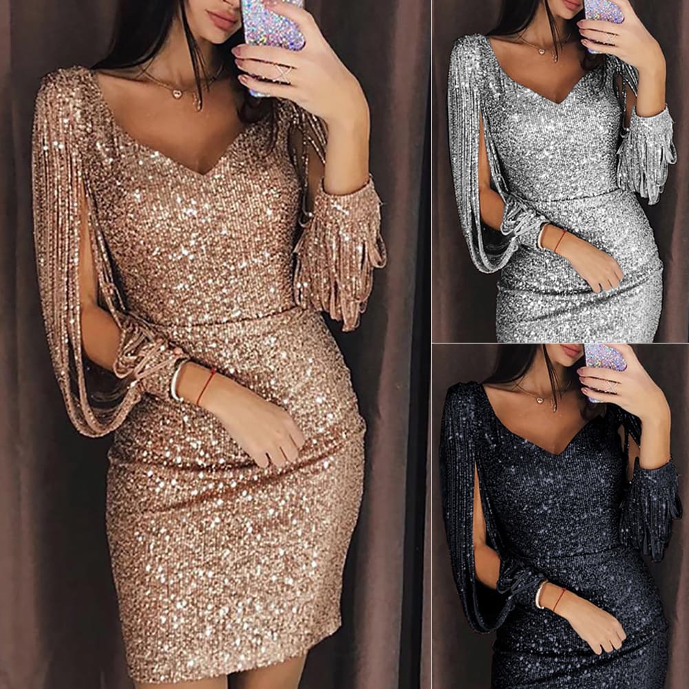 Dress Newest Long Sleeve V Neck Tassels Bandage Dress Bodycon Evening Party Sequin MIni Dresses Clubwear