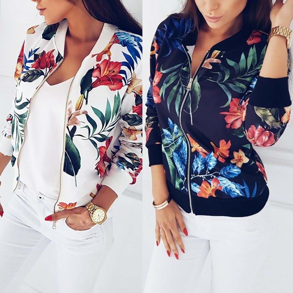 Retro Floral Printed Short Jacket Woman Zipper Bomber Female Spring Outwear Casual Long Sleeve Fashion Womens Clothes