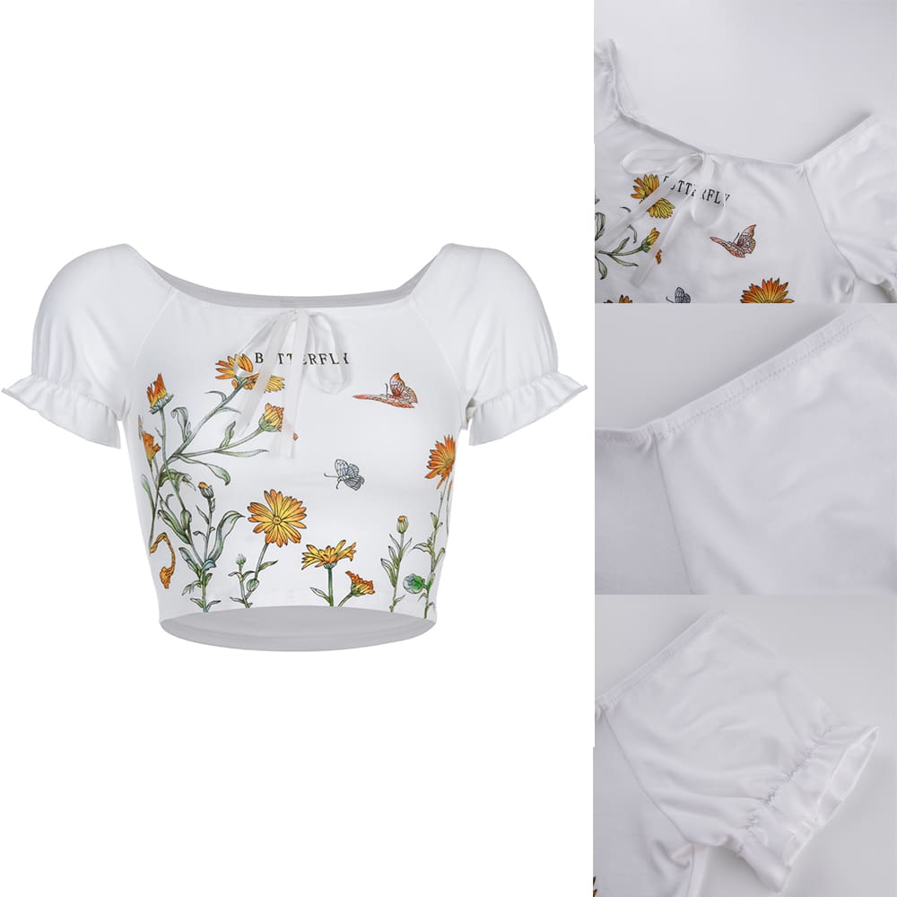 New Women Summer Floral Off Shoulder Tops Ladies Casual Blouse Short Sleeve Beach Holiday Slim Crop Top Shirt