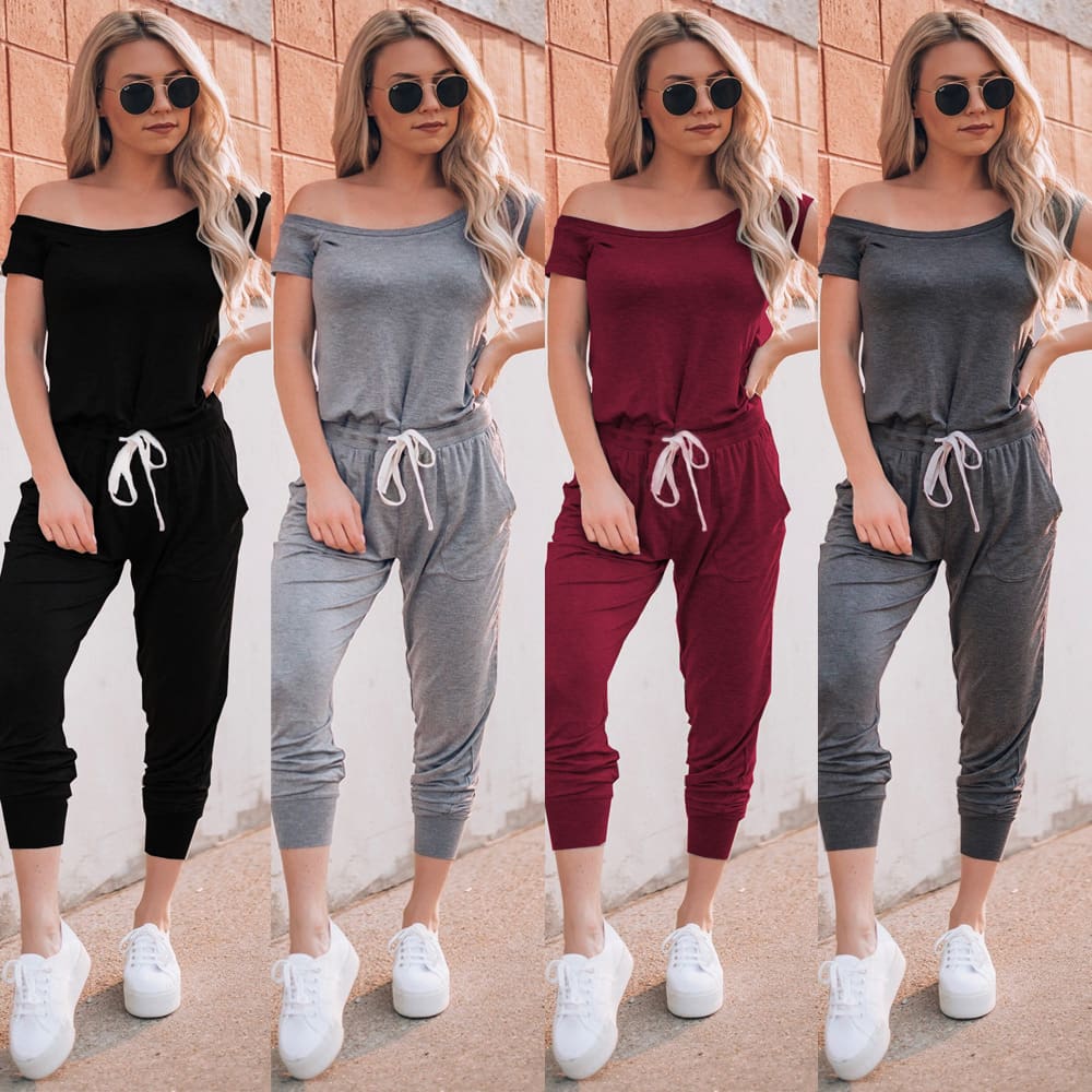 Women Casual Boho Off Shoulder Jumpsuit Women Solid Loose Romper Bodysuit Long Pant Trousers Summer Clothes