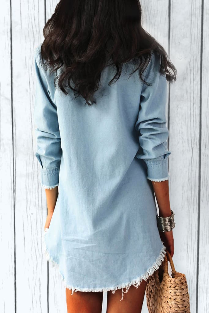 Women Jeans Denim Pocket Long Sleeve Loose T Shirt Slim Mini Dress Summer Ladies Holiday Casual Sundress