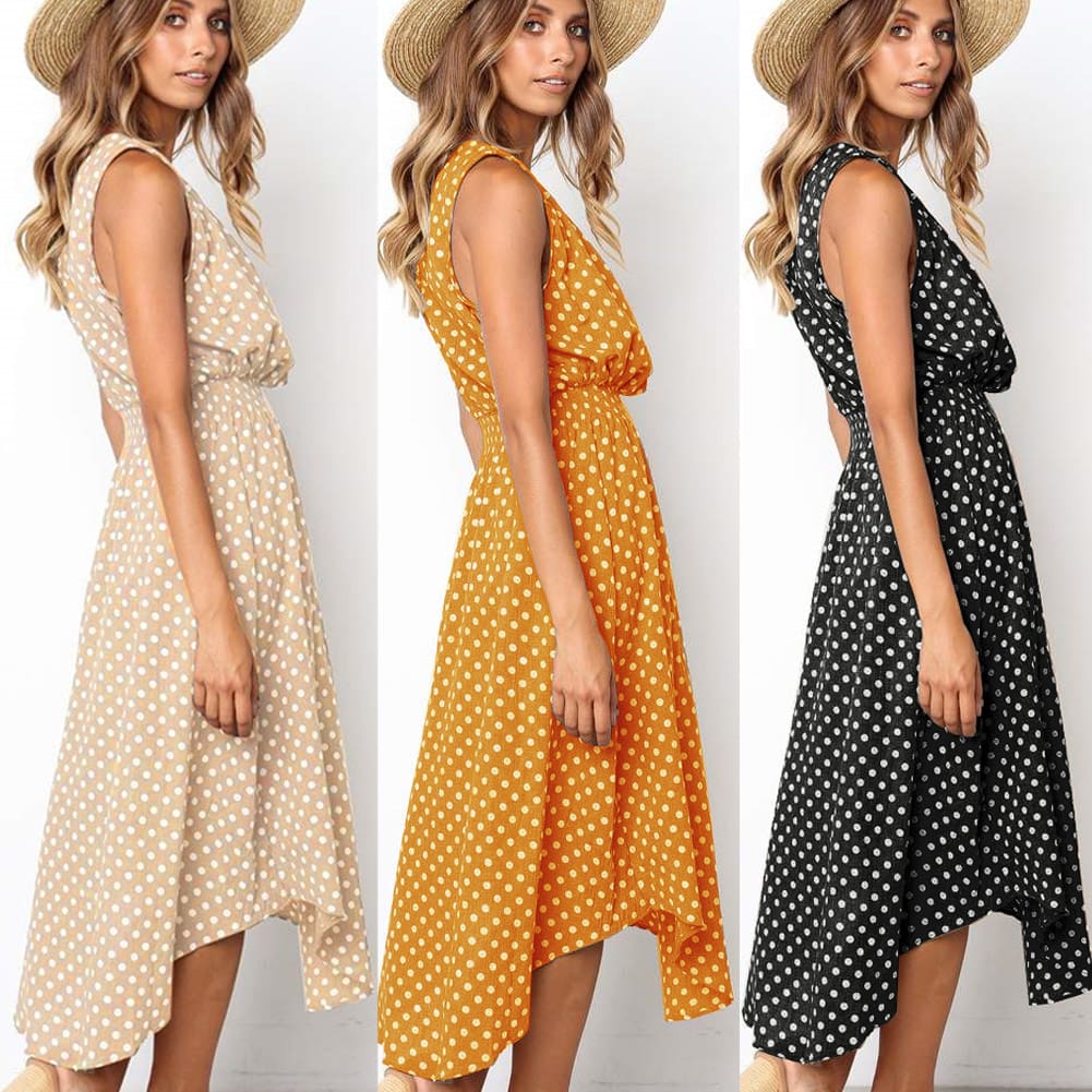 Women Boho Sleeveless Midi Dress Polka Dot Fashion Summer Party High Waist O-Neck Holiday Beach Dress Sundress