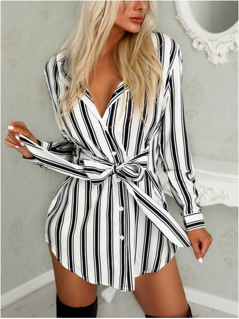 Women Fashion Long Shirt Dress Ladies V-neck Striped Print Casual Summer Mini Dress Short Mini Dress