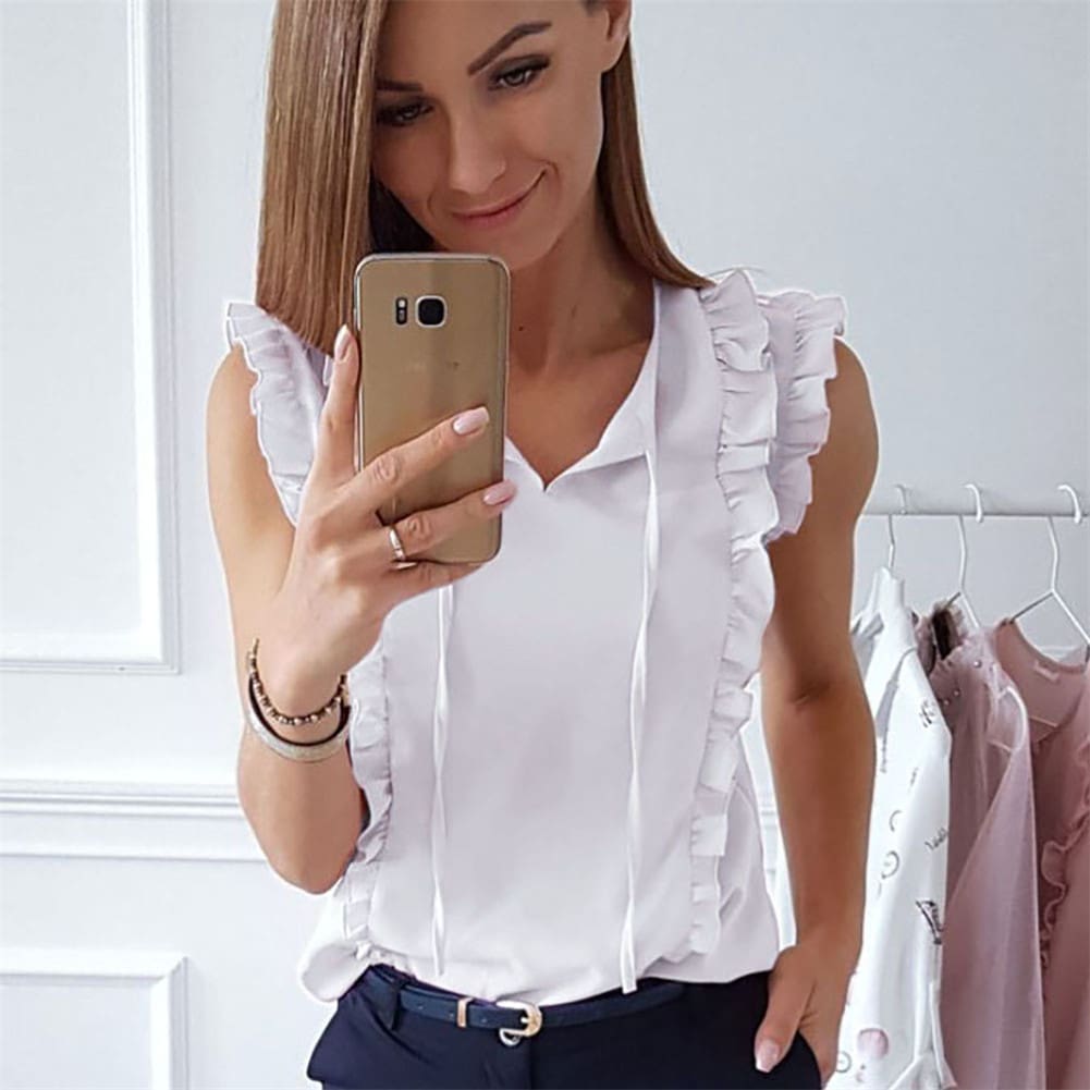 Women Office Ruffle Shirt Tank Top Summer Sleeveless V Neck OL Ladies Loose Blouse Tunic Tops Summer Clothing