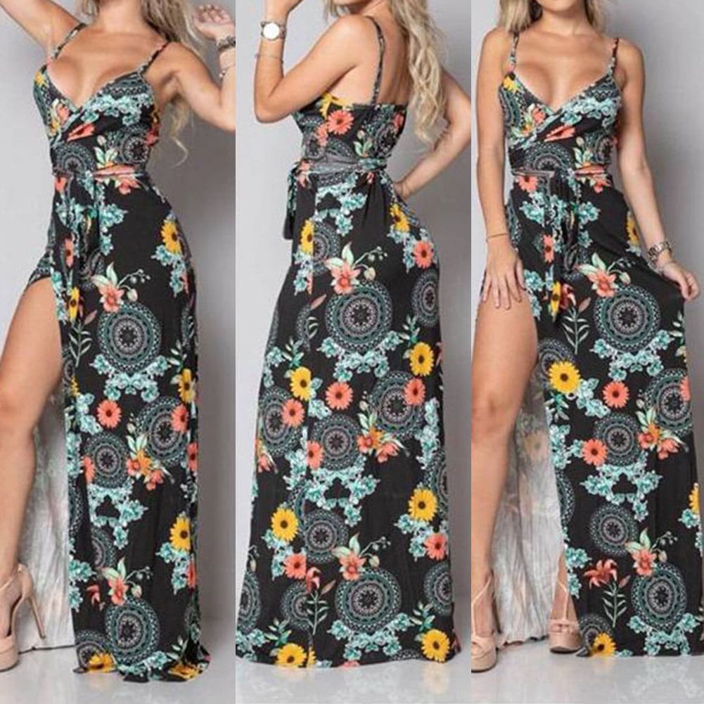 New Women Summer Vintage Boho Sleeveless Long Maxi Dress Ladies V-Neck Fashion Beach Party Dress Sundress