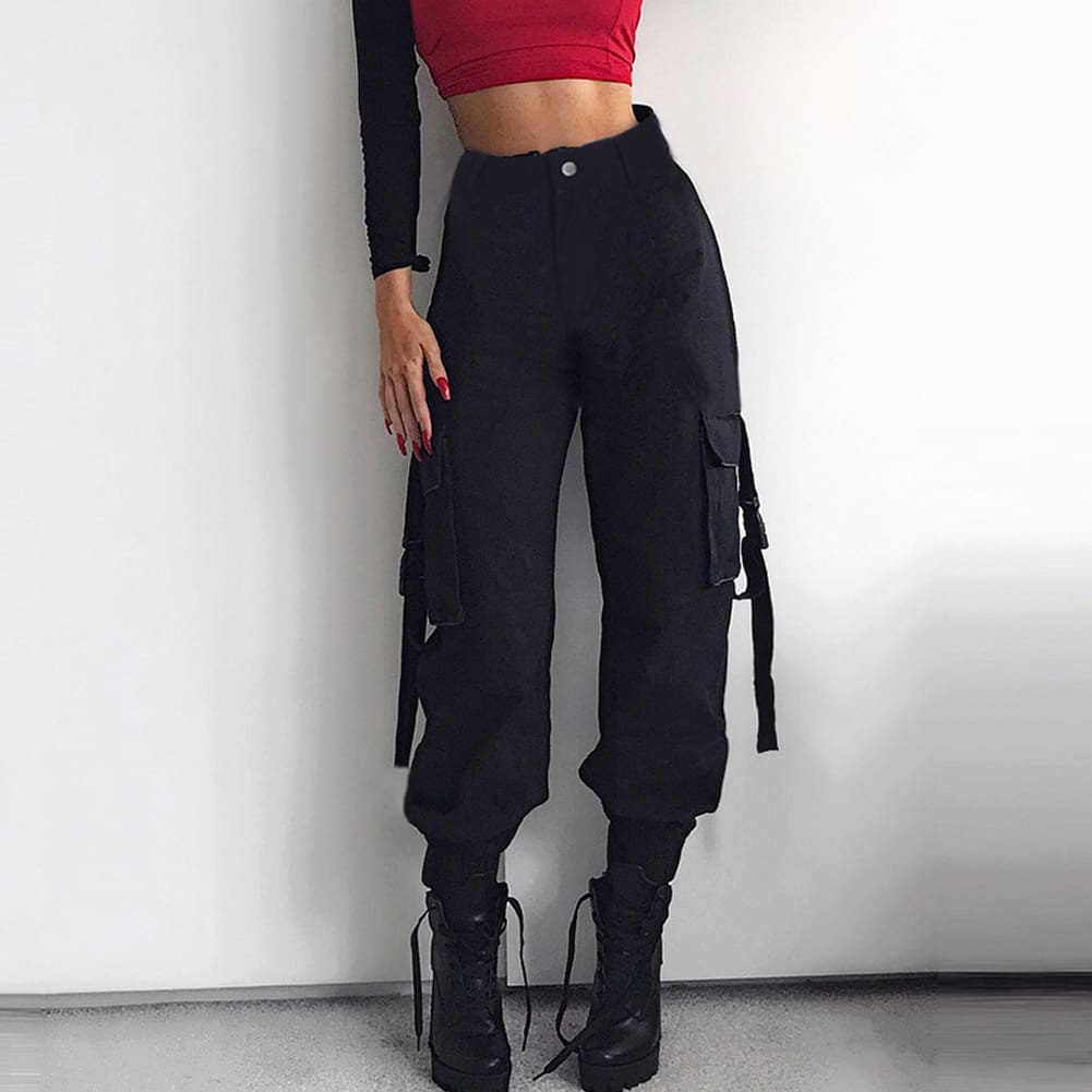 Women Loose Causal Trousers Costume High Waist Chain Combat Cargo High Waist Harem Hip Hop Outdoor Military Pocket Pants