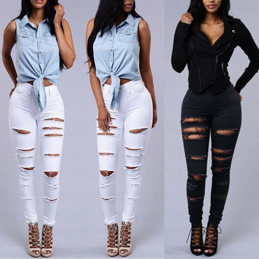 Fashion Women Stretch Elastic High Waist Pants Women Casual Slim Distressed Ripped Skinny Leg Jeans Long Trouser