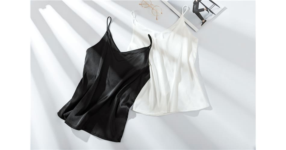 Women Halter V Neck Basic White Cami Sleeveless Satin Silk Tank Tops