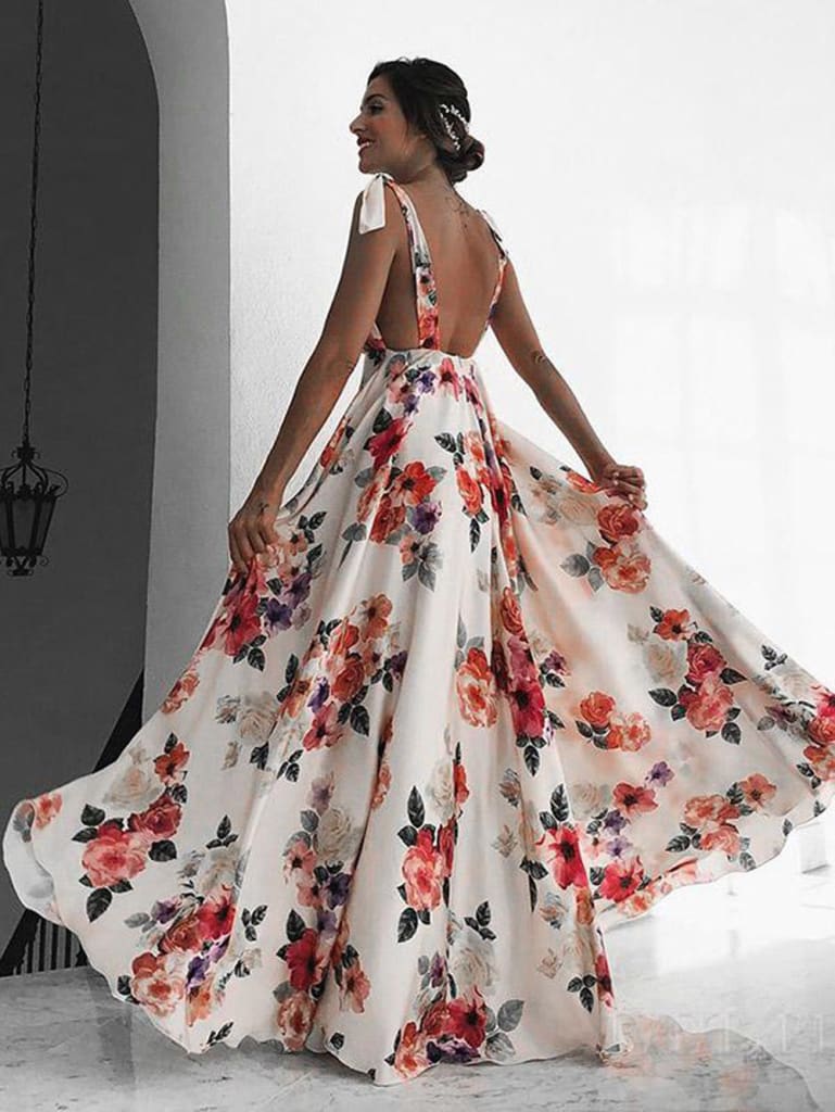 Fashion Floral Dress Women Summer Sleeveless V-Neck Backless Vintage Long Boho Party Casual Loose Beach Sundress