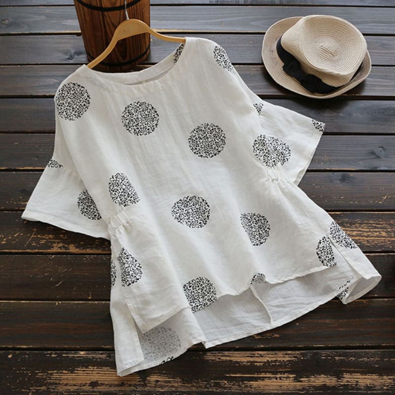 New Women Casual Summer Floral Vintage Round Neck Shirt Fashion Short Sleeve Coin Dots Loose Cotton T-Shirt