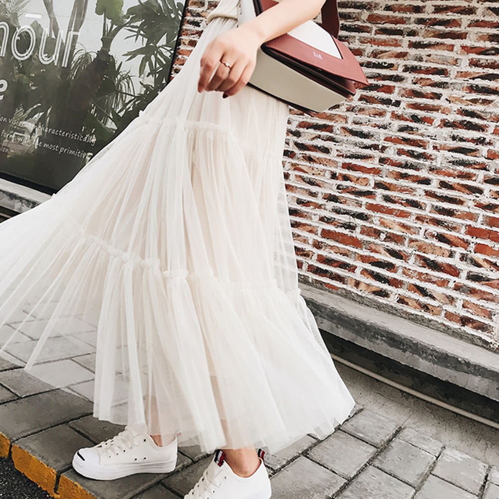 Summer Women Elastic Mesh Tulle Pleated Skirt Ladies Casual Holiday A-Line High Waist Solid Long Maxi Skirt