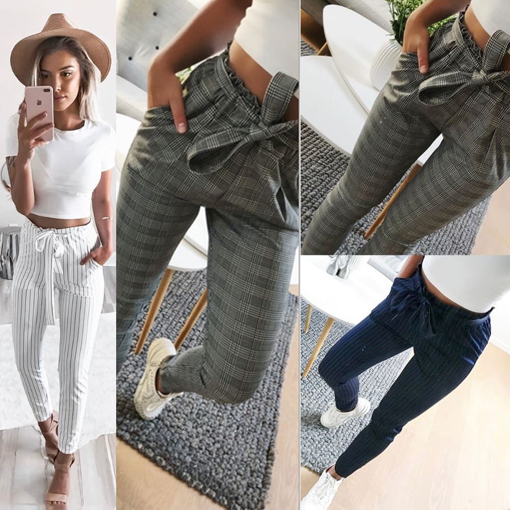 2019 New Elastic High Waist Striped Harem Pants Women Stringy Casual Slim Fit Long Pants Skinny Female Trousers Hot Sale