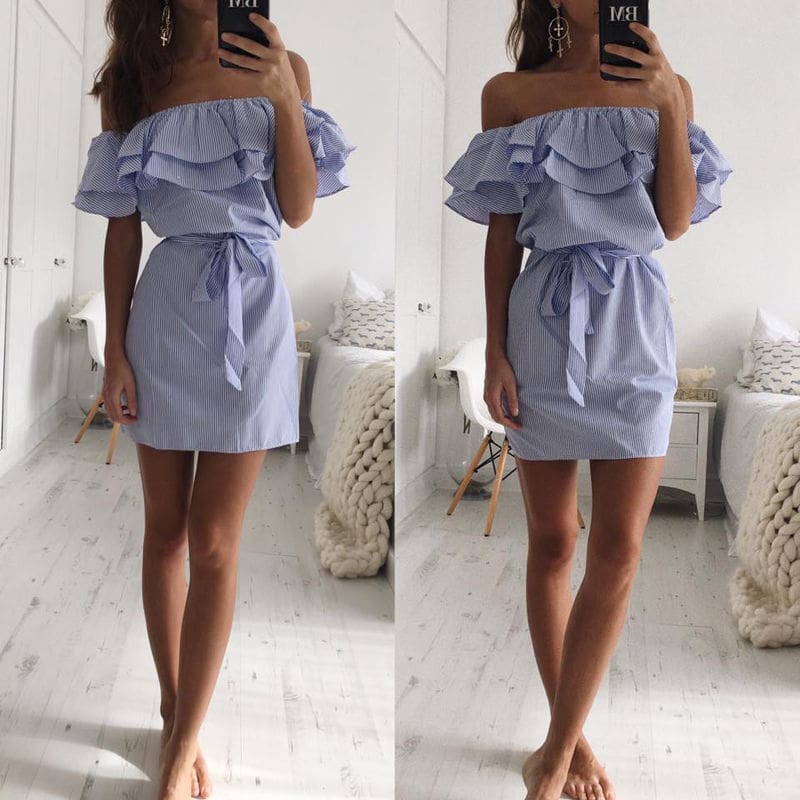 Cloth Striped Sashes Summer Dress Ruffle Collar Bandage Casual Dresses