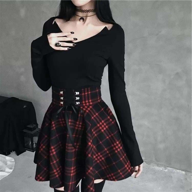 Plaid Pleated Ball Gown High Waist Lace Up Wool Skirt Bottom