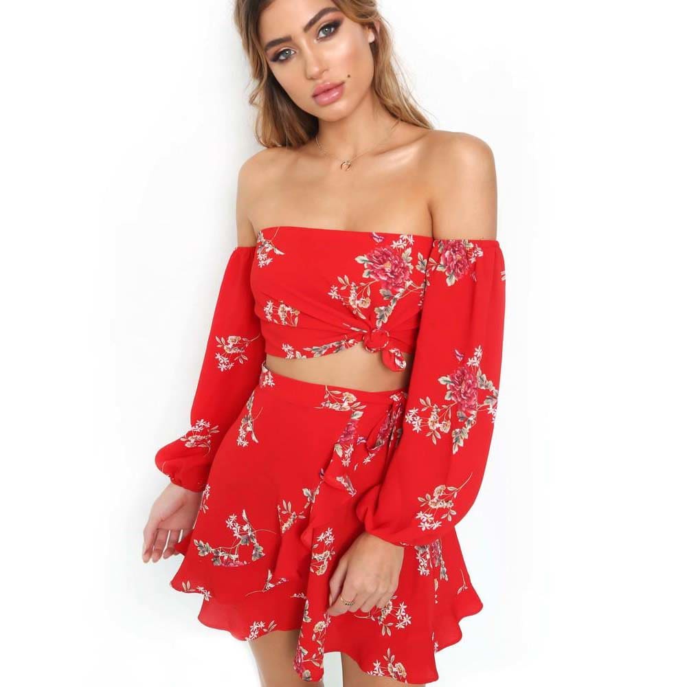 Summer Holiday Women 2 Piece Set Off Shoulder Blouse Plus Skirts Bandage Bandeau Crop Top Skirt Beach Outfit Sundress