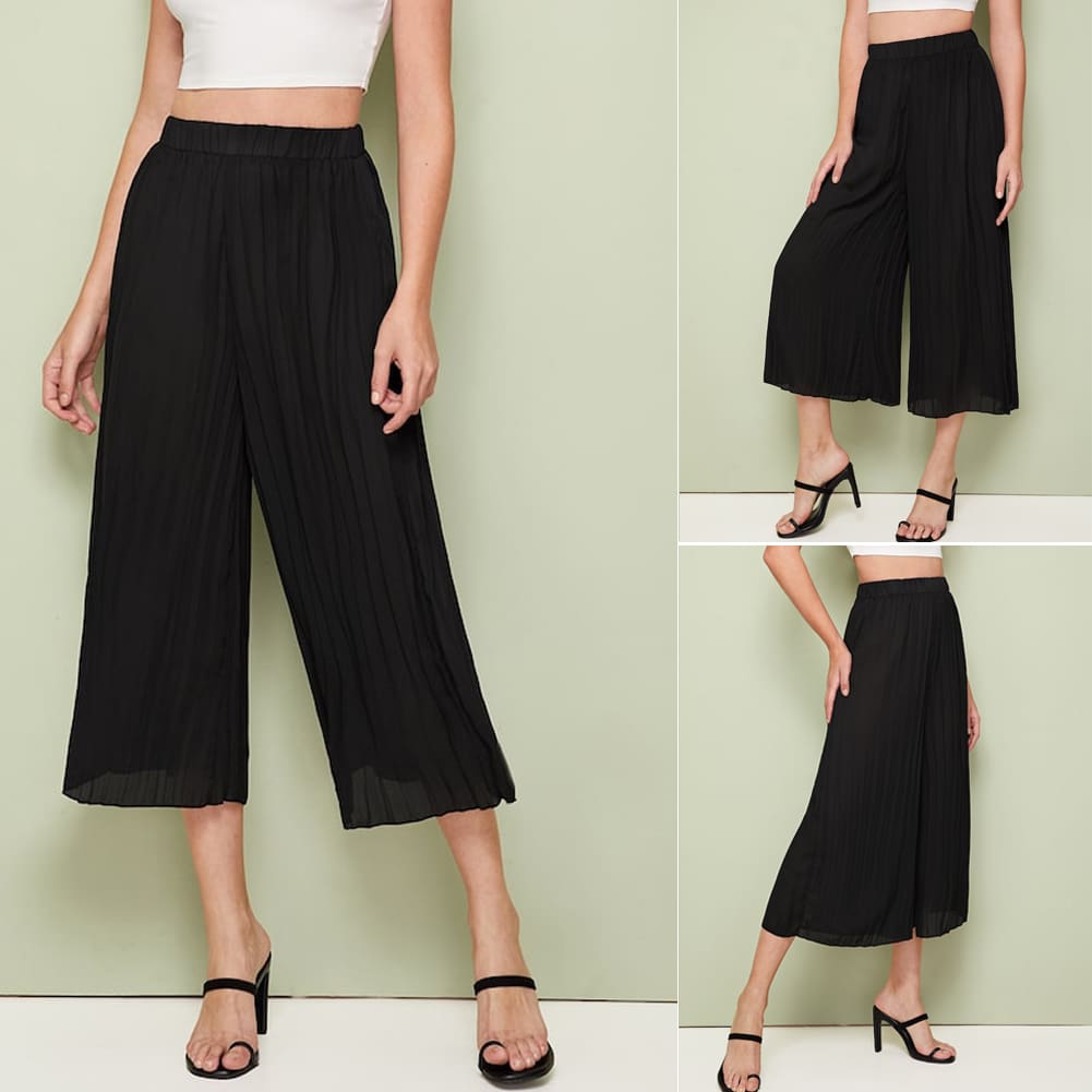 Women Chiffon Elegant High Rise Piped Palazzo Pants Ladies Summer Casual Wide Leg Harem Loose Long Trousers