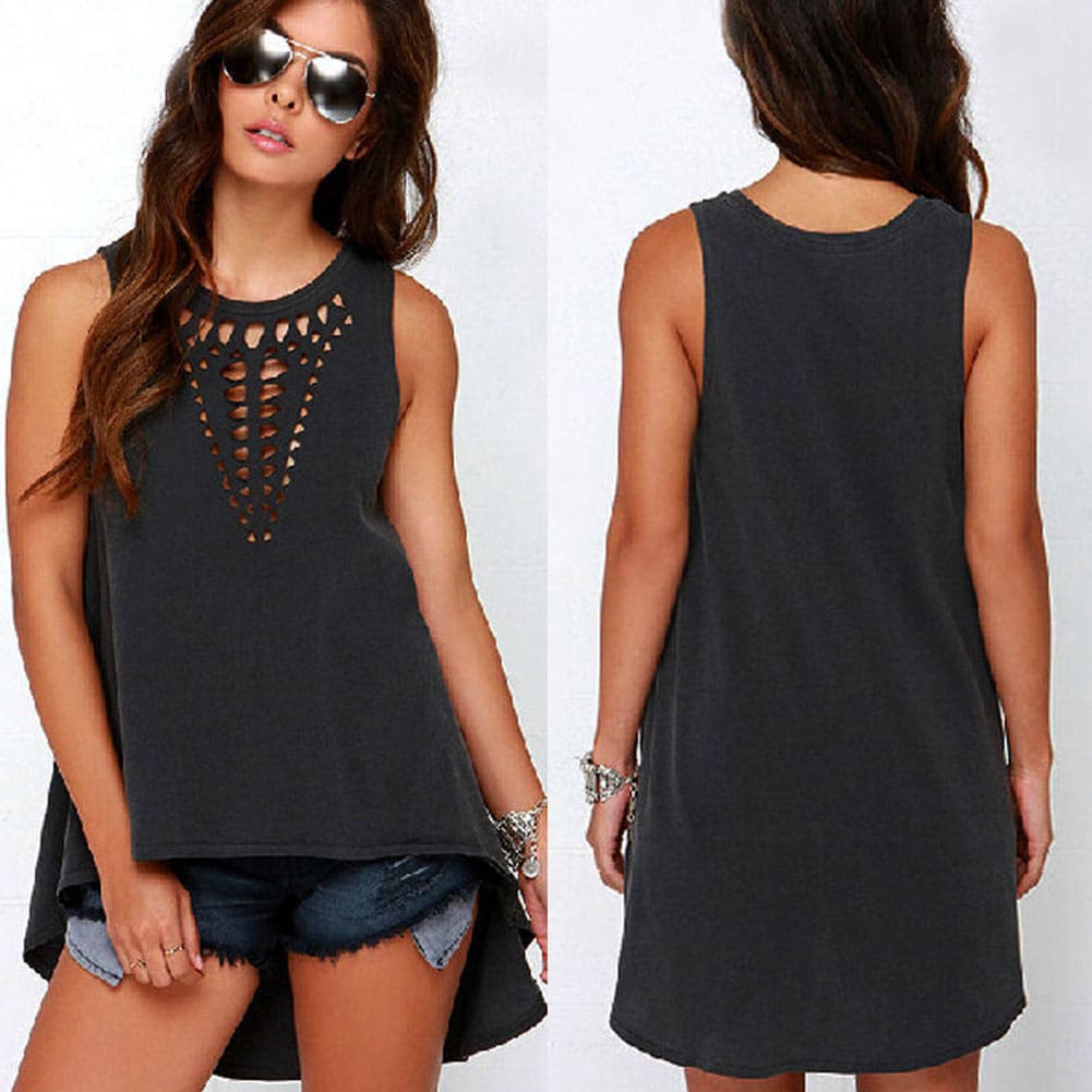 New Women Ladies Black Hollow Out Sleeveless T-Shirts Solid Tops Summer Loose T-Shirts Plus Size