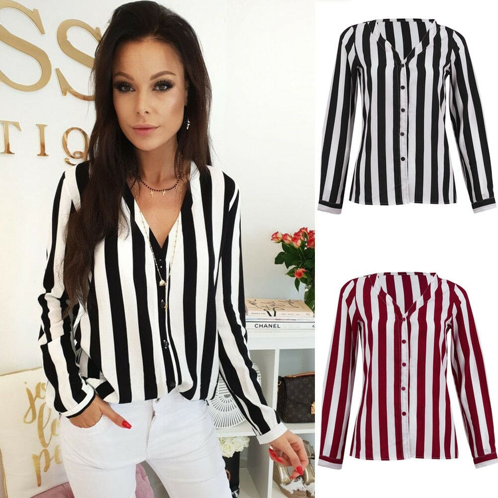 Women Ladies Long Sleeve V-neck Striped Casual Loose Slim Tops Shirt OL Ladies Plain Casual Button Blouse Hot