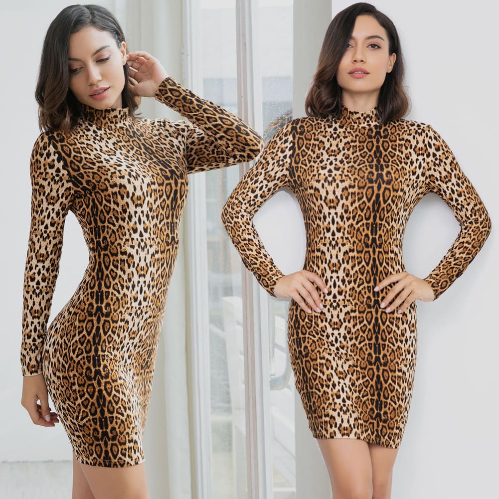 Summer Womens Sexy Leopard High Neck Long Sleeve Mini Dress Ladies Bodycon Slim Holiday Beach Clothes Party Clubwear