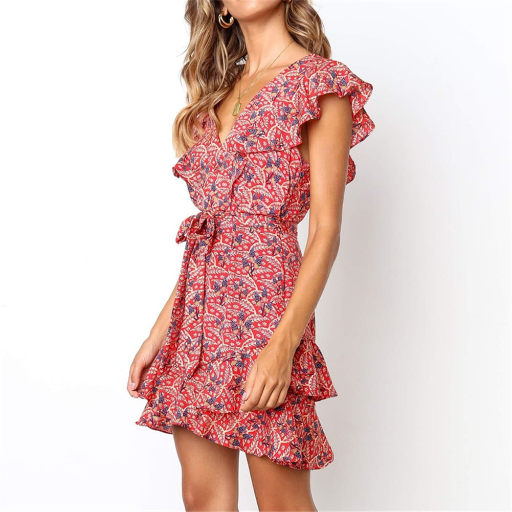 Boho Women Ladies Summer Beach Mini Dress Fashion Floral Holiday V Neck Ruffle Sundress Casual Clothing New