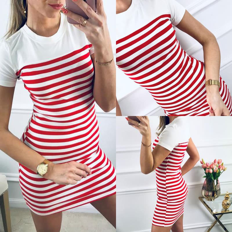 Women Crew Neck Striped Short Sleeve Slim Fit T-shirt Dress Summer Ladies Casual Bodycon Mini Dresses Sundress