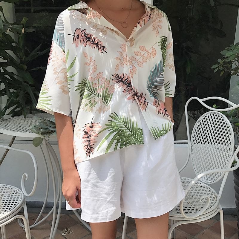 New Women Summer Casual Loose Half Sleeve Blouse Fashion Ladies Leaf Printed Tops Lapel Shirts Beach Holiday Tops