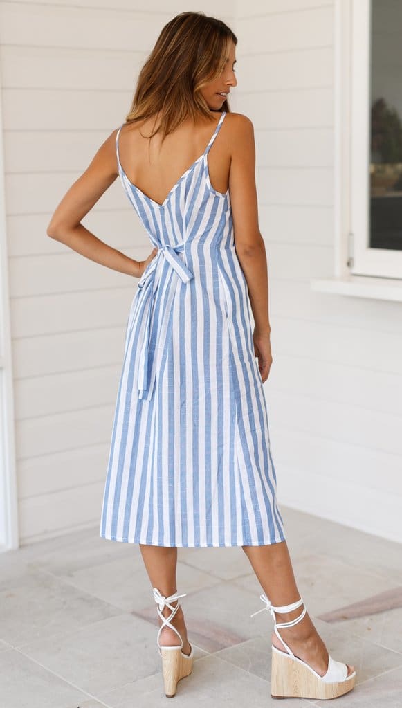 Women Holiday Strappy Button Stripe Dress New Fashion Summer Ladies Beach Casual Sleeveless High Waist Sun Dress Hot